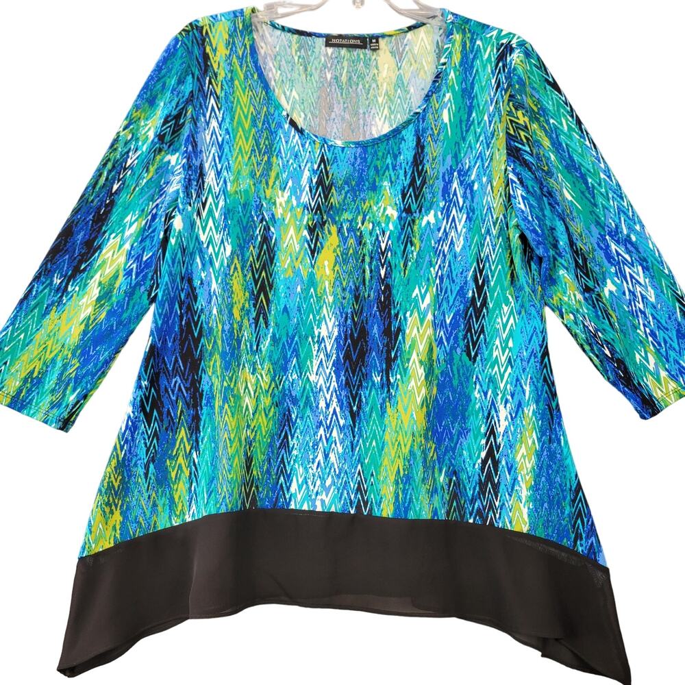 Notations Blue Shirt Classic Blouse Stretch Chevron Striped Scoop Neck Women's M